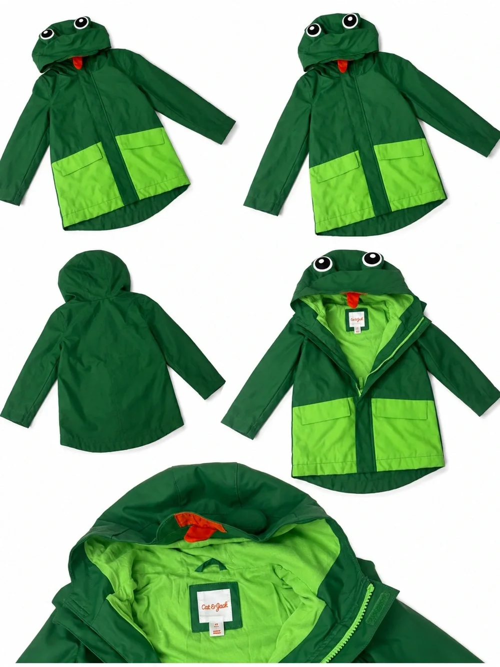 Cat & Jack Green Frog Hooded Rain Jacket with Lime Pockets